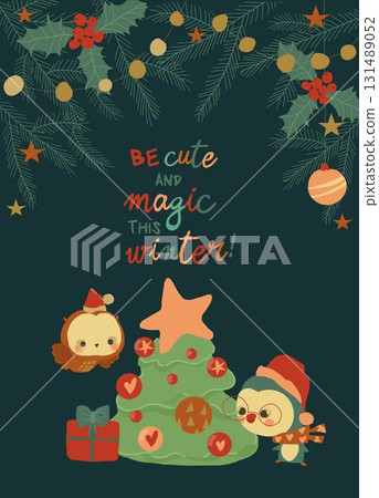 Cute Cartoon Animals celebrating Christmas near Christmas Tree 131489052