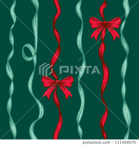 Ribbon Bow Christmas Seamless Pattern. Whimsical Red and green Hand-Drawn Feminine Backgrounds with Festive ribbons and bows. Coquette Vintage backdrops for wrapping paper, textile, seasonal designs Ribbon Bow Christmas Seamless Pattern. Whimsical Red and green Hand-Drawn Feminine Backgrounds with Festive ribbons and bows. Coquette Vintage backdrops for wrapping paper, textile, seasonal designs 131489070
