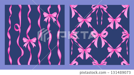 Ribbon Bow Coquette Seamless Pattern Set. Purple Hand-Drawn Feminine Lattice Checkered Pattern Backgrounds with garland of bows. Romantic Design. Perfect for Lovely, Whimsical Valentines Day Backdrop Ribbon Bow Coquette Seamless Pattern Set. Purple Hand-Drawn Feminine Lattice Checkered Pattern Backgrounds with garland of bows. Romantic Design. Perfect for Lovely, Whimsical Valentines Day Backdrop 131489073