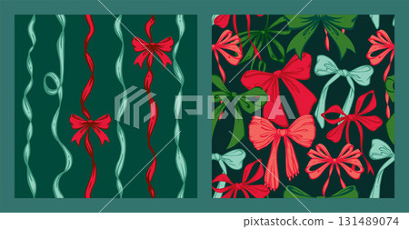 Ribbon Bow Christmas Seamless Pattern Set. Red and green Hand-Drawn Feminine Backgrounds with Festive ribbons and bows. Coquette Vintage backdrops for wrapping paper, textile, seasonal designs 131489074