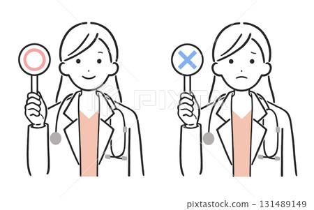 Illustration set of female doctors holding round and crossed cards | For determining correct and incorrect answers and medical explanation materials 131489149