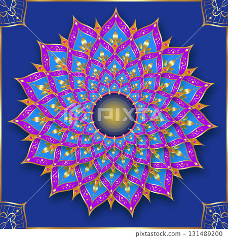 Indian flower rangoli mandala art with luxury golden circle frame border, vector illustration blue background 131489200