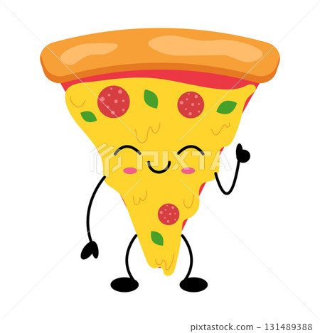 Kawaii pizza slice character with cheerful expression and colorful toppings for fun designs Kawaii pizza slice character with cheerful expression and colorful toppings for fun designs 131489388