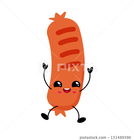 Kawaii sausage character with cheerful expression and playful pose, perfect for fun designs Kawaii sausage character with cheerful expression and playful pose, perfect for fun designs 131489390