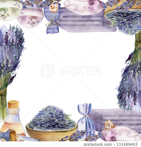 Botanical beauty items: lavender oil seeds bundle, natural soap, spa bath towels and scented sachet bags. Isolated frame illustration hand drawn in watercolor. Aromatherapy, handmade cosmetics label 131489403