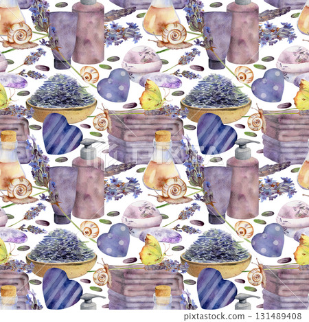 Lavender bath skincare set with bombs soap gel shampoo bottles, towels. Lavandula seeds, rustic hearts. Seamless pattern isolated illustration hand drawn in watercolor. Personal care branding kits. 131489408