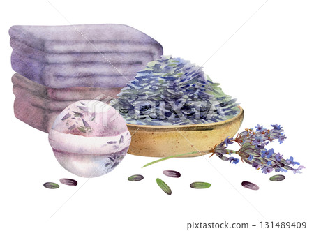 Dry lavender lavandula seeds heap in round clay wooden bowl. Isolated illustration, watercolor hand drawn. Herbal tea label, essential oil packaging, aromatherapy spa cosmetics, Provence rustic decor. 131489409
