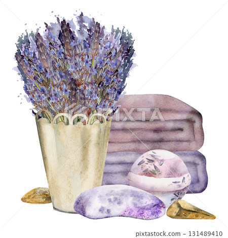 Lavender sprigs in metal cachepot with soap, bath bomb and towels, massage meditation stones. Isolated illustration hand drawn in watercolor. Spa salon set label, handmade cosmetics, wellness print. 131489410