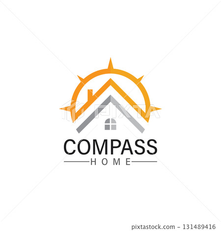 logo search home icon.searching house with compass symbol logo 131489416