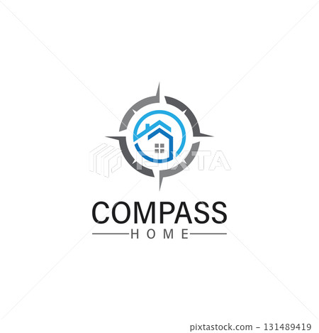 logo search home icon.searching house with compass symbol logo 131489419