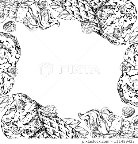 Soft serve ice cream and gelato sorbet in waffle cone with fresh forest berries, mint leaves, raspberry blueberry hand drawn in ink. Vector graphic border frame. Snack or sweet dessert pastry label 131489422