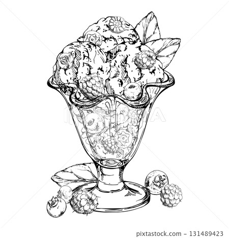 Fruit sorbet scoops topped with fresh blueberry, raspberry berries, mint leaves in glass bowl. graphic illustration hand drawn in vector ink. Sweet treat branding, foodie stationery, cafe label, menu Fruit sorbet scoops topped with fresh blueberry, raspberry berries, mint leaves in glass bowl. graphic illustration hand drawn in vector ink. Sweet treat branding, foodie stationery, cafe label, menu 131489423