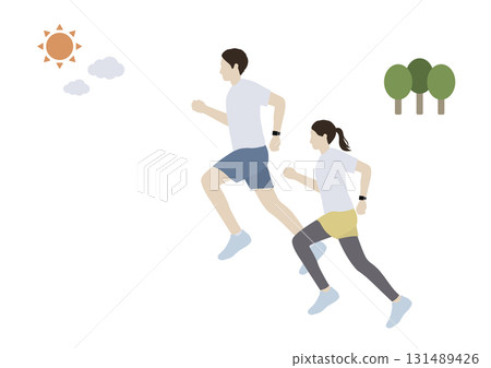 Illustration of a man and woman running in the morning wearing a smartwatch 131489426