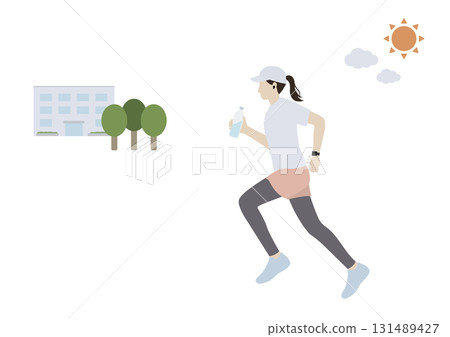 一位女士戴著耳機,拿著一瓶水晨跑的插圖 一位女士戴著耳機,拿著一瓶水晨跑的插圖 131489427