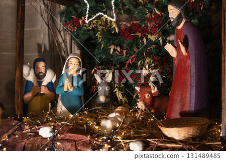 Christmas nativity scene Creche with Joseph Mary, Jesus and magi 131489485