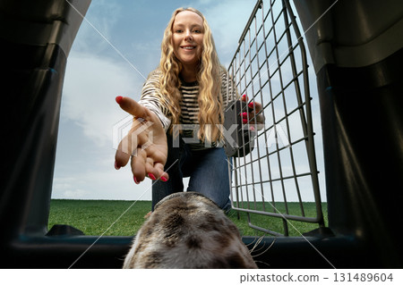 Woman reaching hand inside crate toward dog from animal eye level outdoors 131489604
