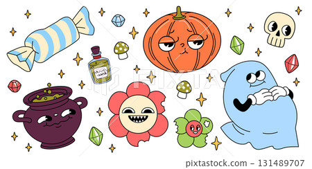 Groovy Halloween icons isolated on white 131489707