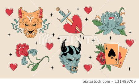 Old school color tattoo set isolated on background 131489709