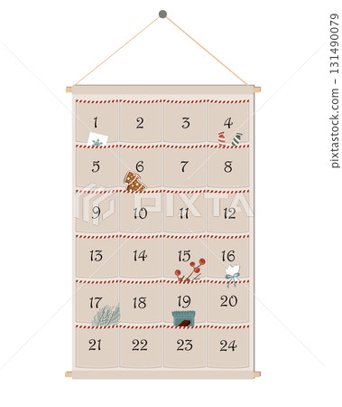 Happy Holidays wall hanging textile pocket advent calendar in Scandinavian style. Vector isolated illustration. Happy Holidays wall hanging textile pocket advent calendar in Scandinavian style. Vector isolated illustration. 131490079