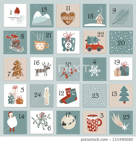 Happy Holidays pocket advent calendar with different Christmas symbols for your design. Scandinavian style. Vector illustration. 131490080