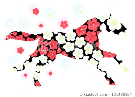 Illustration of a running horse and plum blossoms 131490104