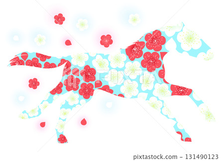 Illustration of a running horse and plum blossoms Illustration of a running horse and plum blossoms 131490123