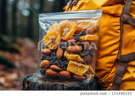 Outdoor lifestyle. Food on the go. Freeze-dried fruit and nuts in a transparent zip bag on a tree stump next to yellow backpack. Outdoor lifestyle. Food on the go. Freeze-dried fruit and nuts in a transparent zip bag on a tree stump next to yellow backpack. 131490183