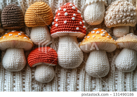 Crisp details. Handwork.  Crocheted bright mushrooms on a white background. Autumn atmosphere. Creative hobby. 131490186