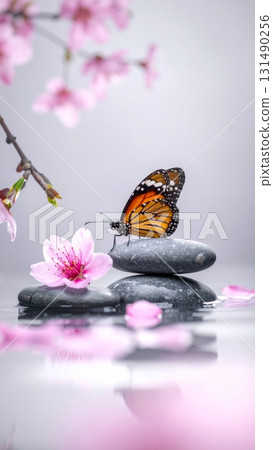 Cherry Blossoms, Zen Stones, and Butterfly on Water Surface Cherry Blossoms, Zen Stones, and Butterfly on Water Surface 131490256