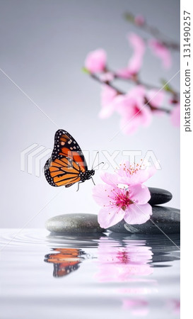 Cherry Blossoms, Zen Stones, and Butterfly on Water Surface Cherry Blossoms, Zen Stones, and Butterfly on Water Surface 131490257
