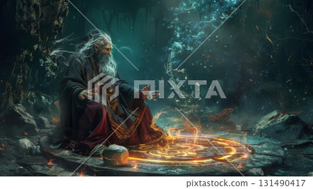 Old wizard casts spell in dark cave. Magic glows around him, surrounded by rocks and mystic light. Perfect for fantasy art and game design. 131490417