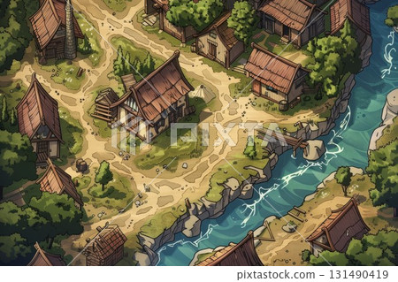 Village river terrain. Brown roof houses sit by blue river with trees and rocks, ideal for RPG maps. 131490419