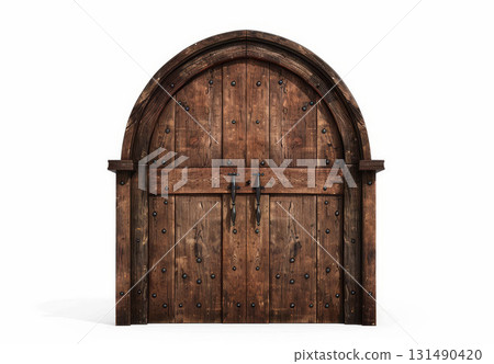 Rustic wooden door, arched top, isolated on white background, old double doors style. 131490420