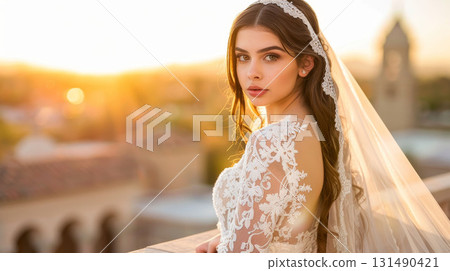 Bride in white lace dress, veil, Tucson cityscape, sunset balcony photo, elegant pose. Wedding art glows with charm. 131490421