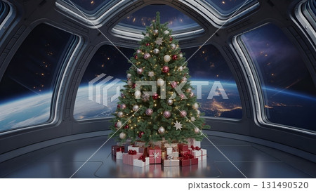 Christmas in space concept, tree inside a spaceship cockpit with planet earth visible through the viewport 131490520