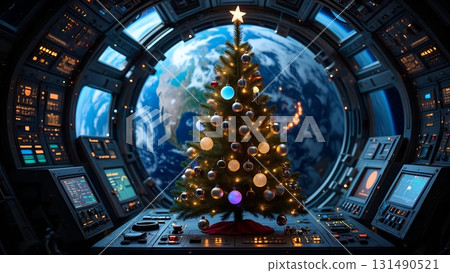 Festive spacecraft interior with a decorated christmas tree, viewing earth through the window, sci-fi holiday 131490521