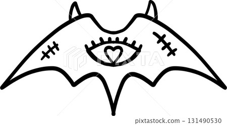 halloween festival. Cartoon bat with an eye and heart design, featuring purple and black colors. retro trendy groovy halloween illustration in doodle line style halloween festival. Cartoon bat with an eye and heart design, featuring purple and black colors. retro trendy groovy halloween illustration in doodle line style 131490530