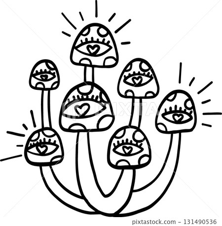 halloween festival.cartoon mushrooms with eyes and hearts, radiating energy. retro trendy groovy halloween illustration in doodle line style 131490536