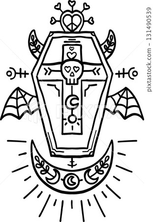 halloween festival.artistic design featuring a coffin with skull and bat motifs. retro trendy groovy halloween illustration in doodle line style 131490539