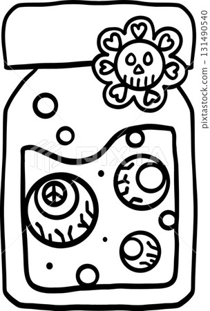 halloween festival. Cartoon bottle filled with eyeballs and decorated with a skull flower. retro trendy groovy halloween illustration in doodle line style halloween festival. Cartoon bottle filled with eyeballs and decorated with a skull flower. retro trendy groovy halloween illustration in doodle line style 131490540