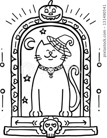 halloween festival. Whimsical Halloween cat with a witch hat and pumpkin backdrop. retro trendy groovy halloween illustration in doodle line style 131490541
