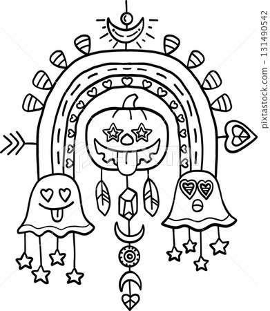 halloween festival.Halloween-themed illustration with ghosts and a pumpkin rainbow. retro trendy groovy halloween illustration in doodle line style 131490542