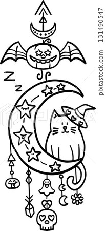 halloween festival. Whimsical cat on a crescent moon with Halloween motifs. retro trendy groovy halloween illustration in doodle line style 131490547