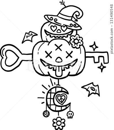 halloween festival. Whimsical Halloween key with pumpkins, moon, and fun designs. retro trendy groovy halloween illustration in doodle line style halloween festival. Whimsical Halloween key with pumpkins, moon, and fun designs. retro trendy groovy halloween illustration in doodle line style 131490548