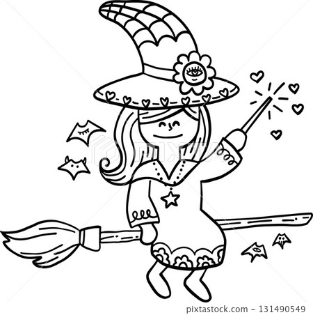 halloween festival. Whimsical witch flying on a broomstick with magical sparkles. retro trendy groovy halloween illustration in doodle line style halloween festival. Whimsical witch flying on a broomstick with magical sparkles. retro trendy groovy halloween illustration in doodle line style 131490549