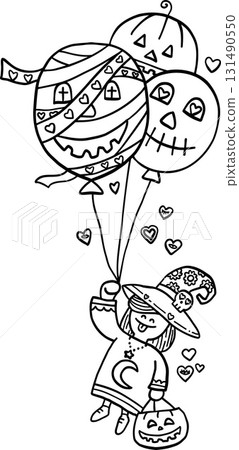 halloween festival. Cute witch holding Halloween-themed balloons and a pumpkin. retro trendy groovy halloween illustration in doodle line style halloween festival. Cute witch holding Halloween-themed balloons and a pumpkin. retro trendy groovy halloween illustration in doodle line style 131490550
