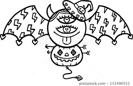 halloween festival. Whimsical monster with bat wings and a jack-o'-lantern body. retro trendy groovy halloween illustration in doodle line style halloween festival. Whimsical monster with bat wings and a jack-o'-lantern body. retro trendy groovy halloween illustration in doodle line style 131490551