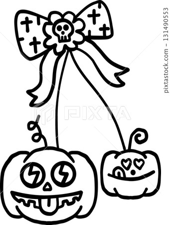 halloween festival. Playful Halloween pumpkins with a bow and floral decoration. retro trendy groovy halloween illustration in doodle line style halloween festival. Playful Halloween pumpkins with a bow and floral decoration. retro trendy groovy halloween illustration in doodle line style 131490553