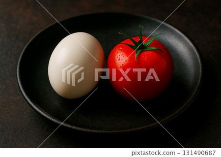 黑色盤子上的雞蛋和西紅柿 131490687