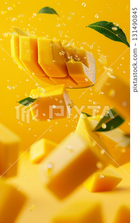 Mango chunks are airborne against a vibrant yellow backdrop, creating a playful display of freshness and vitality with surrounding bubbles 131490845